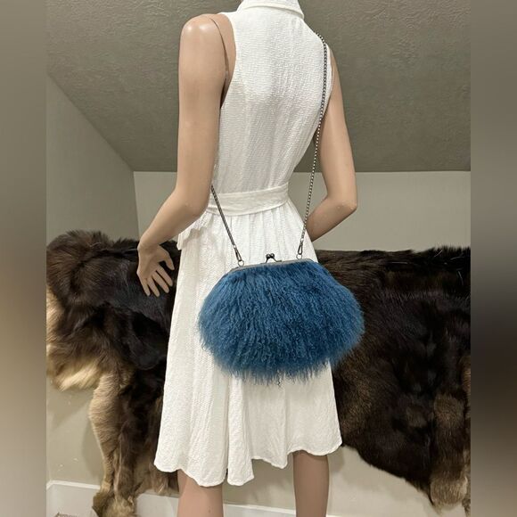 Multi Use Handmade Real Mongolian Lamb Fur Kisslock Clutch/Wristlet/Crossbody - Picture 7 of 16